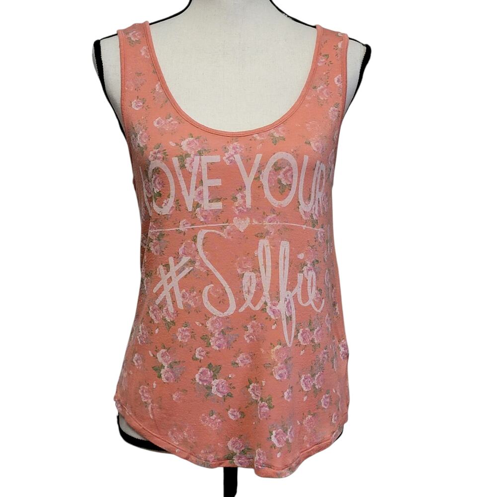 Iris & Navy Love Your Selfie‎ Tank Top Juniors Sz M Pink Floral Graphic Shirt